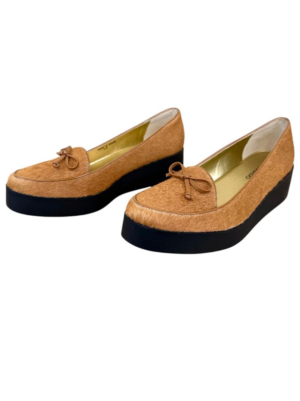 Bernardo Antwerp Platform Loafers Tan Pony Hair Patent Trim Made in Brazil (8)